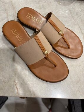Italian Shoemakers Tan Leather and Beige Fabric Slide Sandals